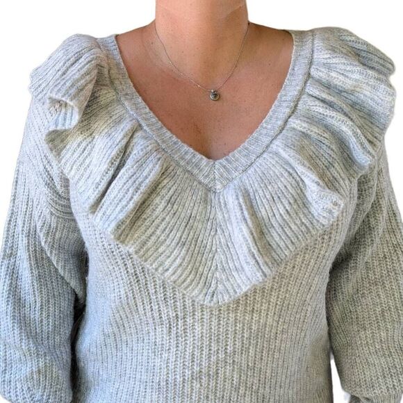 A New Day Grey Ivory V-Neck Ruffle Pullover Drop Shoulder Sweater Women Size XL - Picture 3 of 10